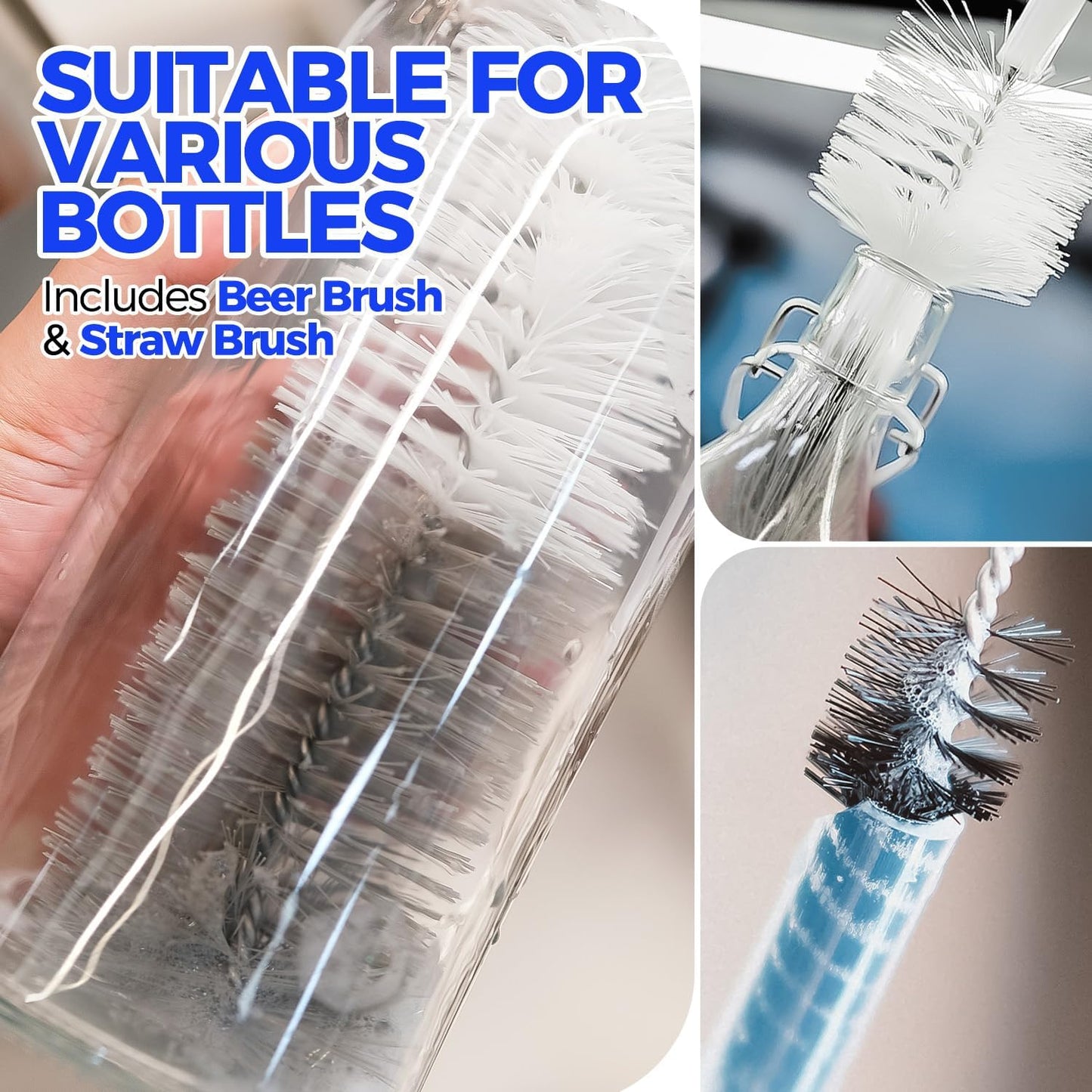 10 Pack Bottle Brush Cleaner Set, 15" Long Handle Bottle Cleaner Brush, Flexible Long Handle Water Bottle Brush for Narrow Neck Beer Wine, 8 Straws, Abrasive Spiral Brushes, White Grey
