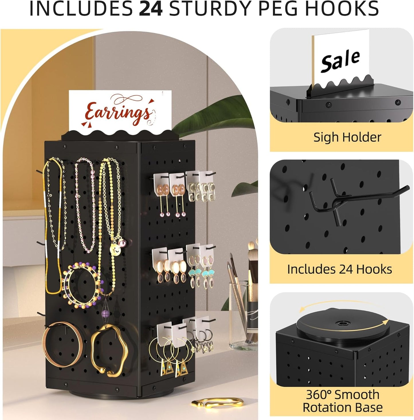 Metal Spinning Peg Board Display Stand with Removable Hooks – Earring Display Stands, Jewelry Display for Vendors Black