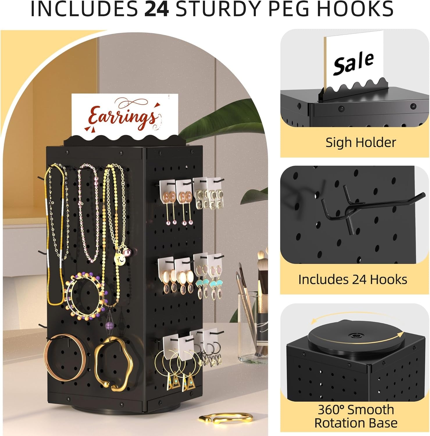 Metal Spinning Peg Board Display Stand with Removable Hooks – Earring Display Stands, Jewelry Display for Vendors Black