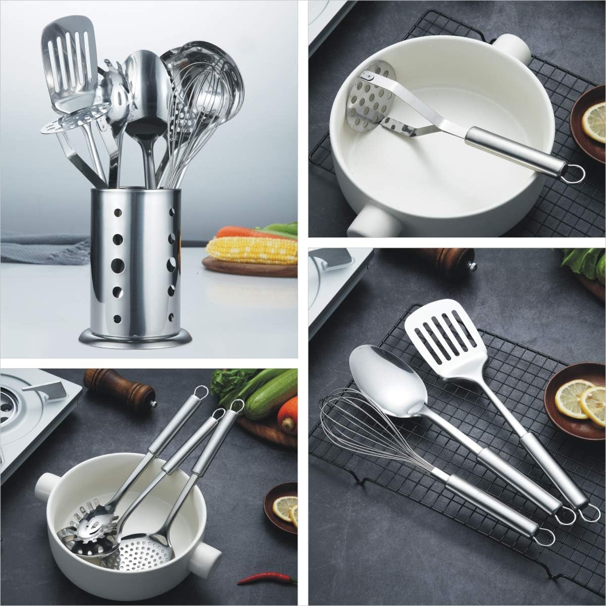 8-Piece Stainless Steel Cooking Utensil Set with Stand, Including Slotted Turner, Ladle, Skimmer, Serving Spoon, Pasta Server, Potato Masher, and Egg Whisk