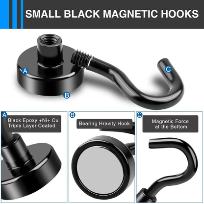Black Magnetic Hooks, 30Lbs Strong Magnetic Hooks Heavy Duty with Epoxy Coating for Refrigerator, Magnetic Cruise Hooks for Hanging, Classroom, Office, and Kitchen - Pack of 12