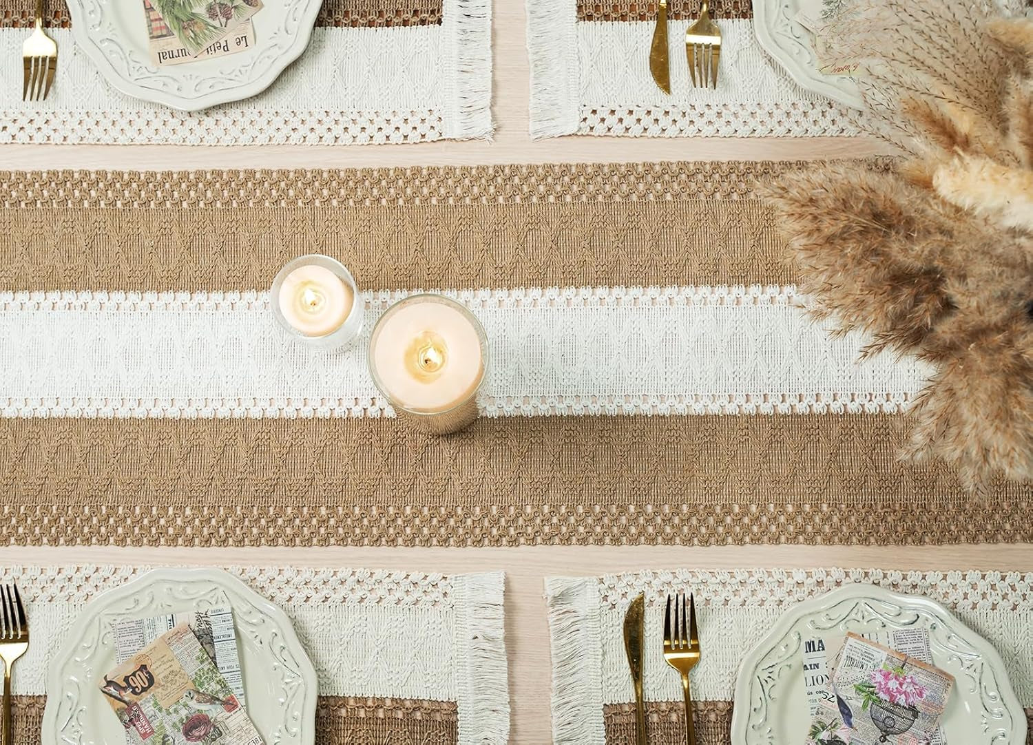 Boho Table Runner for Home Decor with Tassels 72 Inches Long Farmhouse Rustic Brown Macrame Burlap Table Decoration for Living Room Bridal Shower (12X72 Inches)
