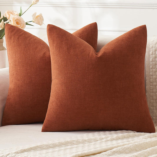 Rust Couch Pillow Covers 18X18 Inch, Set of 2 Soft Chenille Fall Decorative Square Throw Pillow Covers Farmhouse for Sofa Living Room Bed
