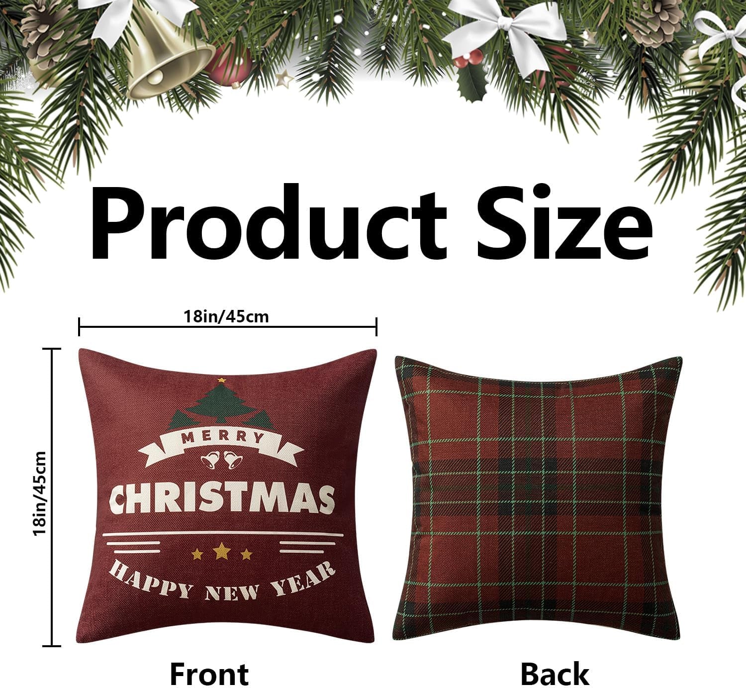 Christmas Tree Reindeer Wreath Pillow Covers Red and Green Plaid Throw Pillow Covers Set of 4 Winter Holiday Cushion Case Decoration Farmhouse Modern for Sofa Couch Home Decor,18X18 Inch