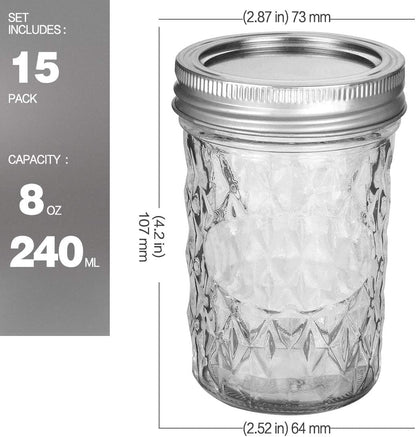 8 oz Mason Jars - 15 Pack Canning and Jelly Jars with Regular Lids, Perfect for Jam, Honey, Wedding and Shower Favors