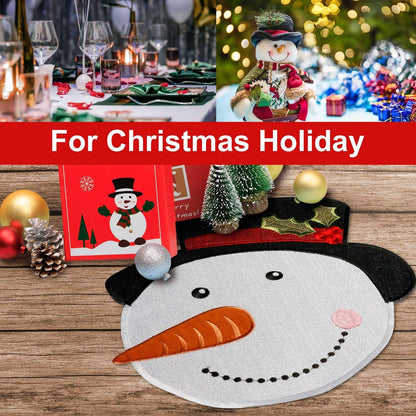 Christmas Placemats Set of 4, Xmas White Snowman round Place Mats for Holiday Kitchen Dining Table, Burlap Embroidered Doilies with Red and Green for Kids, Xmas, Parties, Machine Washable