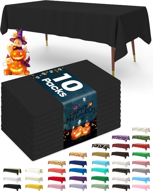 Plastic Table Cloth Disposable 10 Pack, 54 X 108 Inch Table Cloths, Halloween Party Decorations, Summerween Decor, Halloween Tablecloths, Rectangle, Plastic Cover, Leakproof & Sturdy, Black