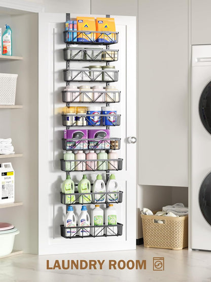 Adjustable over the Door Pantry Organizer, 9-Tier Metal Pantry Organization and Storage for Kitchen, Hanging Spice Rack Seasoning Shelves, Cabinet Door Organizer for Easy Install, 16" Black
