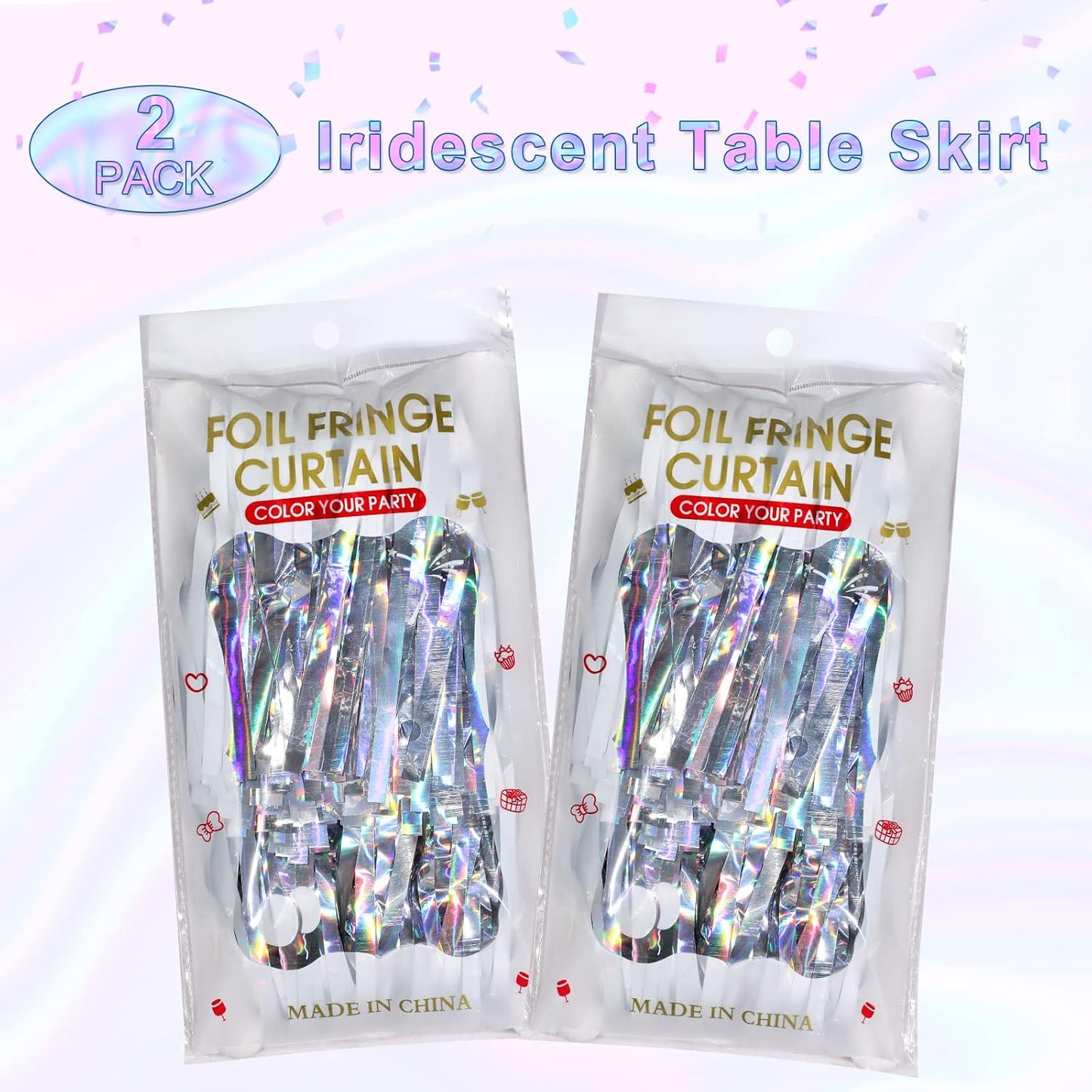 2 Pack Iridescent Table Skirt, Metallic Foil Fringe Tinsel Table Skirts for Rectangle Tables, Disposable Laser Rainbow Table Skirt Iridescent Party Decorations for Birthday Wedding Holiday, 29X108Inch