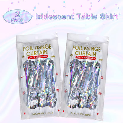 2 Pack Iridescent Table Skirt, Metallic Foil Fringe Tinsel Table Skirts for Rectangle Tables, Disposable Laser Rainbow Table Skirt Iridescent Party Decorations for Birthday Wedding Holiday, 29X108Inch