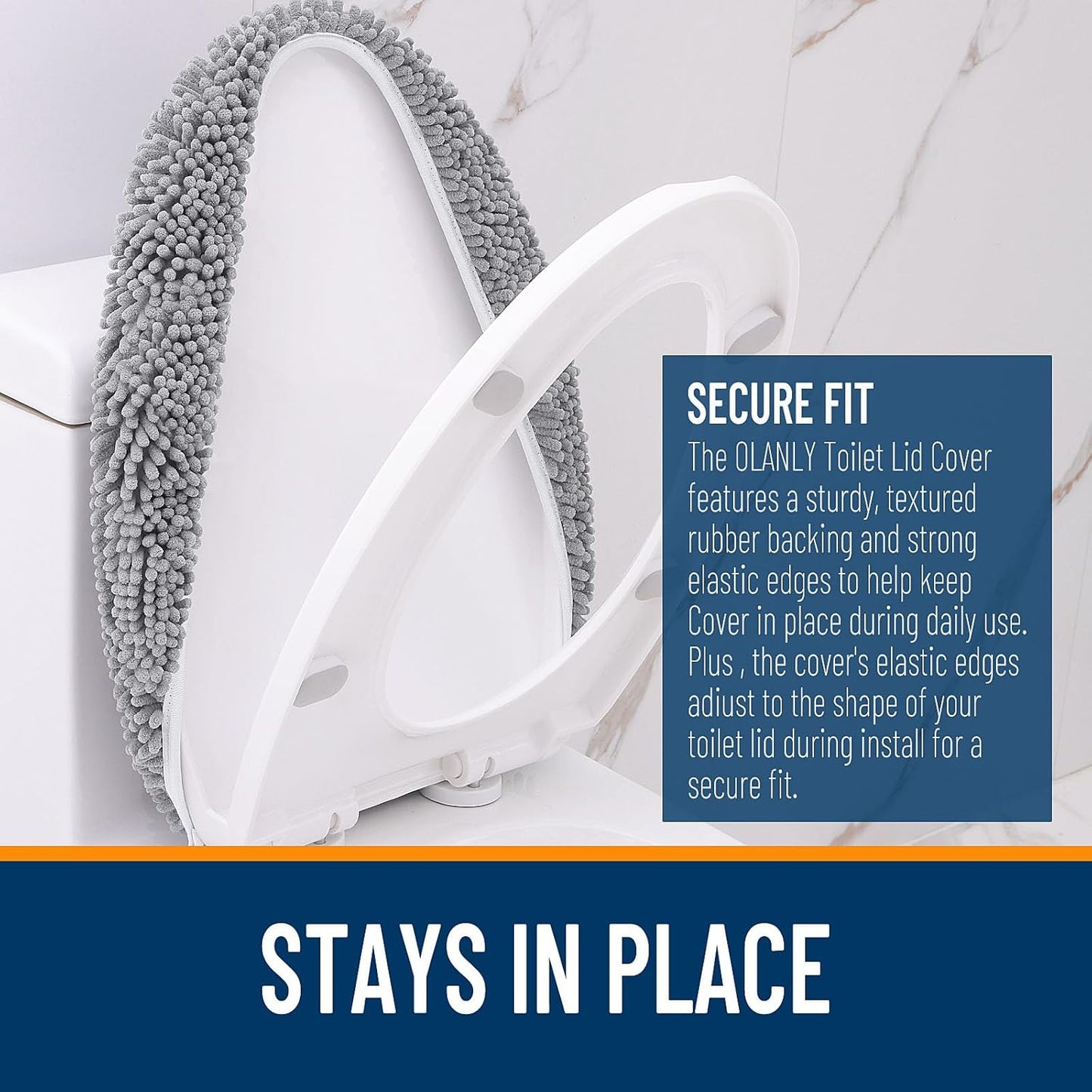 Soft Chenille Bathroom Toilet Lid Cover, Machine Washable Seat Covers, 17.5X15, Stays in Place Rubber Backing, Fits Most Round, Elongated and Oblong Lids, Accessories Decor, Gray