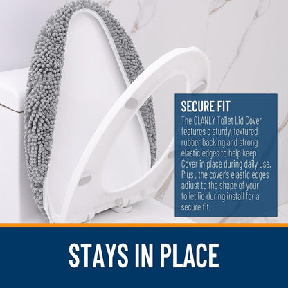 Soft Chenille Bathroom Toilet Lid Cover, Machine Washable Seat Covers, 17.5X15, Stays in Place Rubber Backing, Fits Most Round, Elongated and Oblong Lids, Accessories Decor, Gray