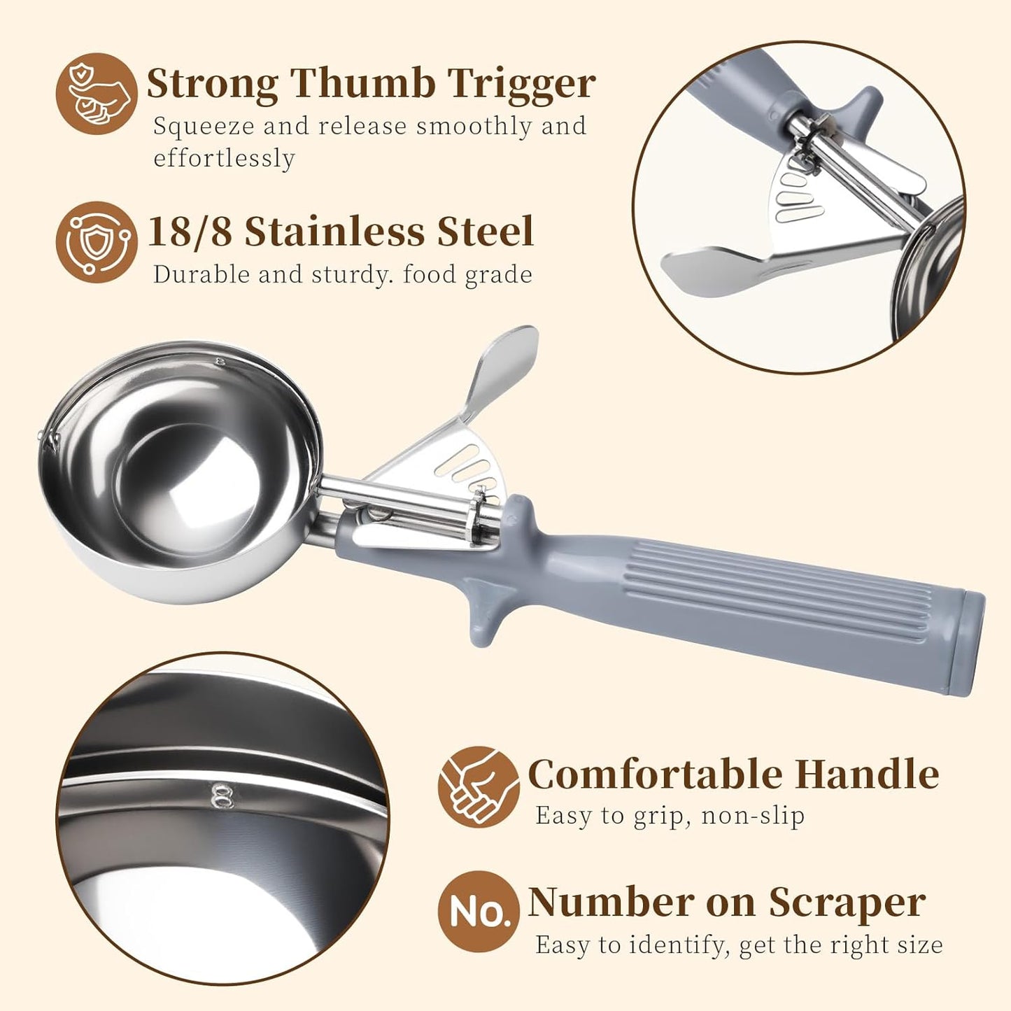 4 OZ Scoop, Ice Cream Scoop with Trigger, #8 Disher, Muffin Scoop, Large Cookie Scoops for Baking, Grey Handle, with Trigger for Portion Control