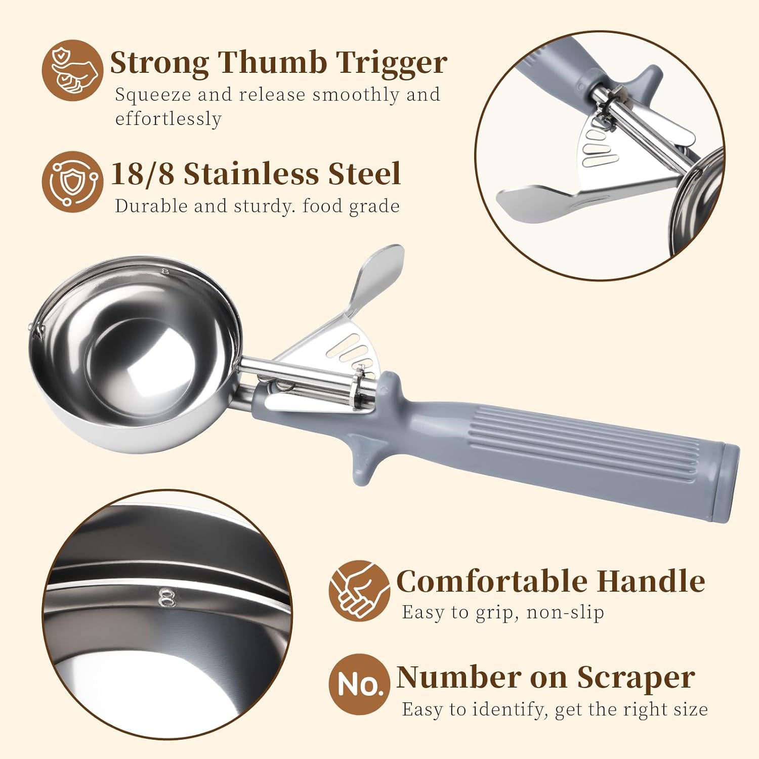 4 OZ Scoop, Ice Cream Scoop with Trigger, #8 Disher, Muffin Scoop, Large Cookie Scoops for Baking, Grey Handle, with Trigger for Portion Control