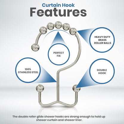 Double Glide Roller Set of 12 Shower Curtain Hooks, Double Sided Rings, Rust Proof Shower Curtain Rings, Nickel