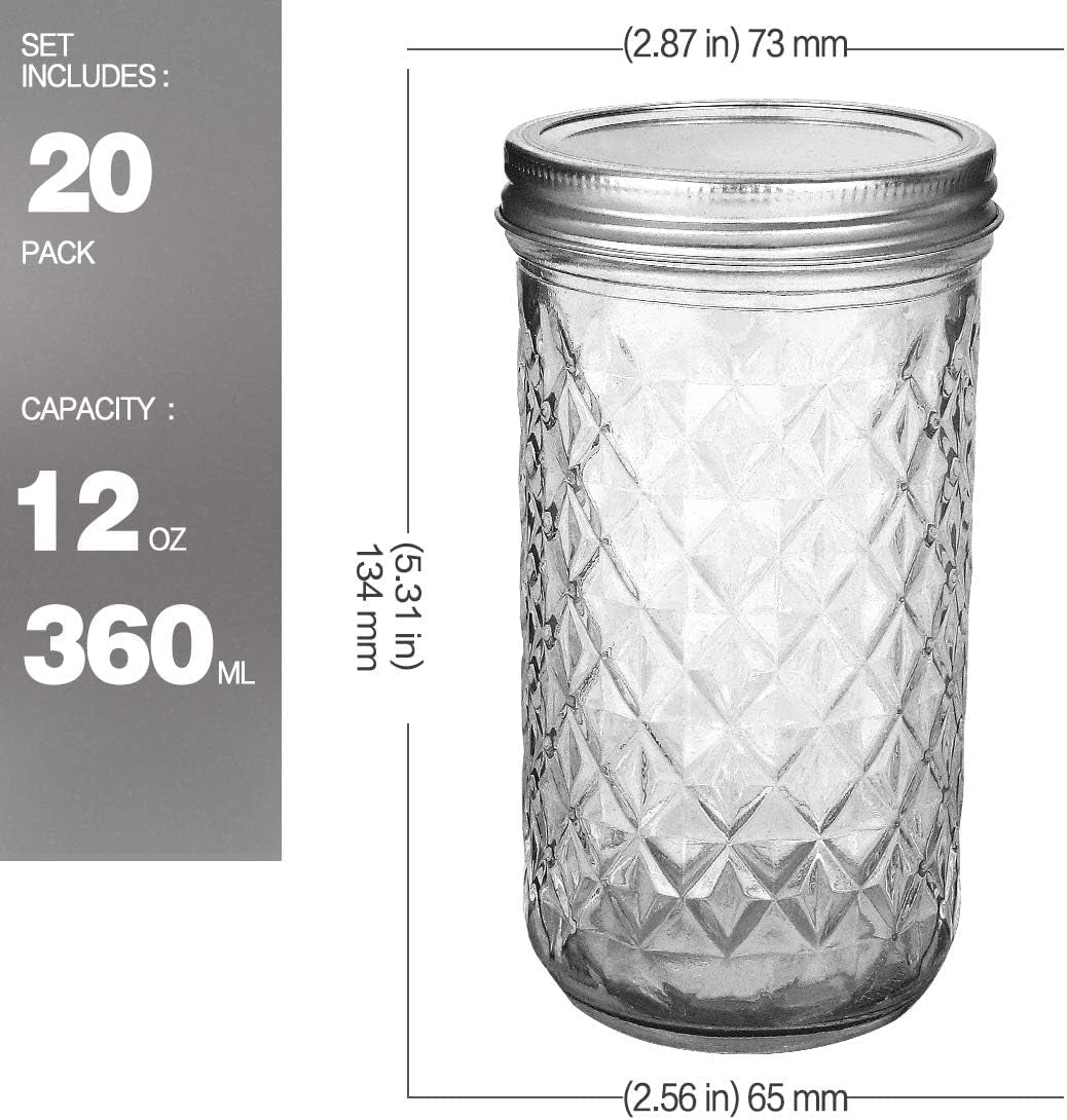 12 oz Mason Jars - 20 Pack Canning and Jelly Jars with Regular Lids for Jam, Honey, and Favor Packaging