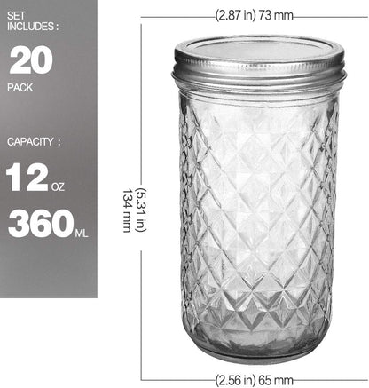 12 oz Mason Jars - 20 Pack Canning and Jelly Jars with Regular Lids for Jam, Honey, and Favor Packaging