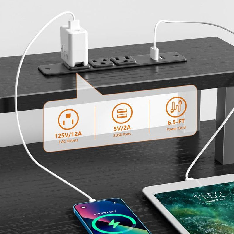 60" Black Computer Desk with 4 Drawers and Printer Space, Gaming Desk with LED Lights and USB Power Outlets, Home Office Desk with Fabric File Cabinet,Study Work Table with Shelf for Bedroom