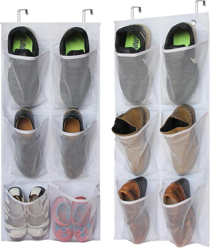 2 Packs Narrow over the Door/Wall Shoe Organizer Cruise, Small Hanging Shoe Rack for Closet with Clear Mesh Pocket for Bathroom, RV, Pantry, Camping (White)