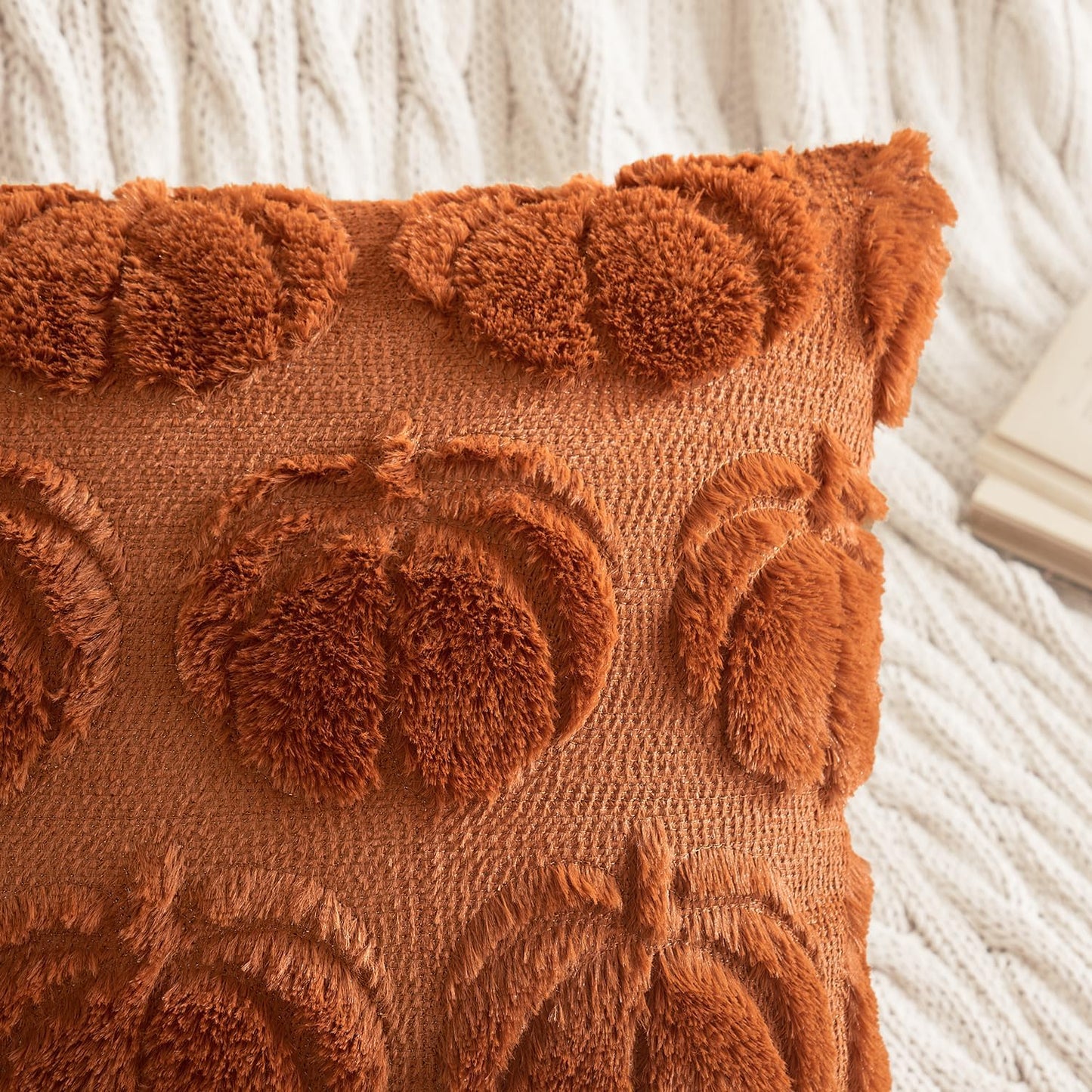 Fall Throw Pillow Covers 18X18 Set of 2 Autumn Decorations Dark Rust Pumpkin Accent Pillowcase for Outdoor Porch Sofa Couch Bed Living Room Plush Faux Fur Halloween Farmhouse Home Decor