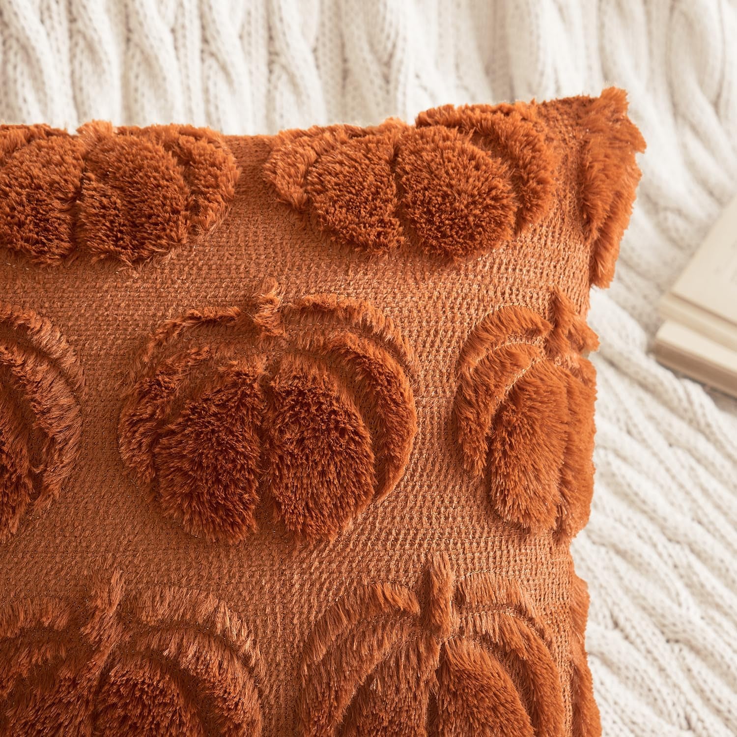 Fall Throw Pillow Covers 18X18 Set of 2 Autumn Decorations Dark Rust Pumpkin Accent Pillowcase for Outdoor Porch Sofa Couch Bed Living Room Plush Faux Fur Halloween Farmhouse Home Decor