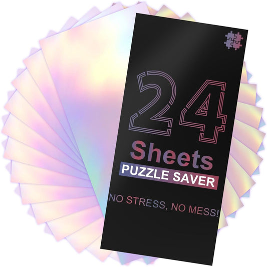 Puzzle Glue Sheets for 4 X 1000 Puzzles, 24 Sheets Iridescent Puzzle Saver, Shiny Laser Puzzle Saver Sheets Peel and Stick, Holographic Foil Puzzle Glue and Frame No Stress & No Mess