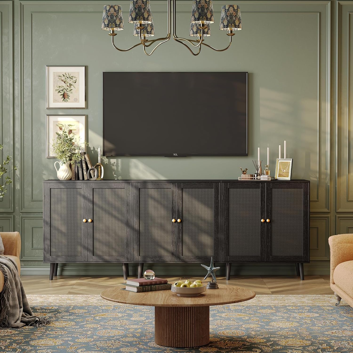 Elegant Buffet Cabinet with Storage, Featuring PE Rattan Decor Doors and Solid Wood Feet, Ideal for Hallway, Entryway, and Living Room, All Black Finish