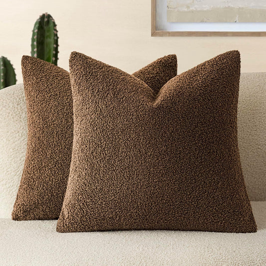 Pack of 2, Curly Faux Fur Decorative Throw Pillow Covers Soft Fuzzy Plush Cushion Case with Zipper Cozy Pillowcase for Home Living Room Couch Bed Sofa 16 X 16 Inch,Dark Brown