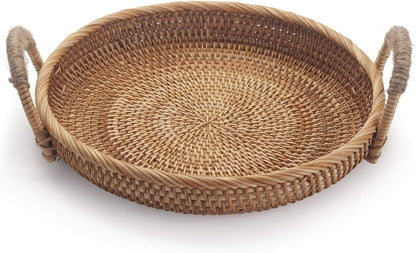 Rattan round Fruit Basket for Table Wicker Bread Tray with Handle for Serving Food, Crackers, Snacks (11Inch D X 1.8Inch H)
