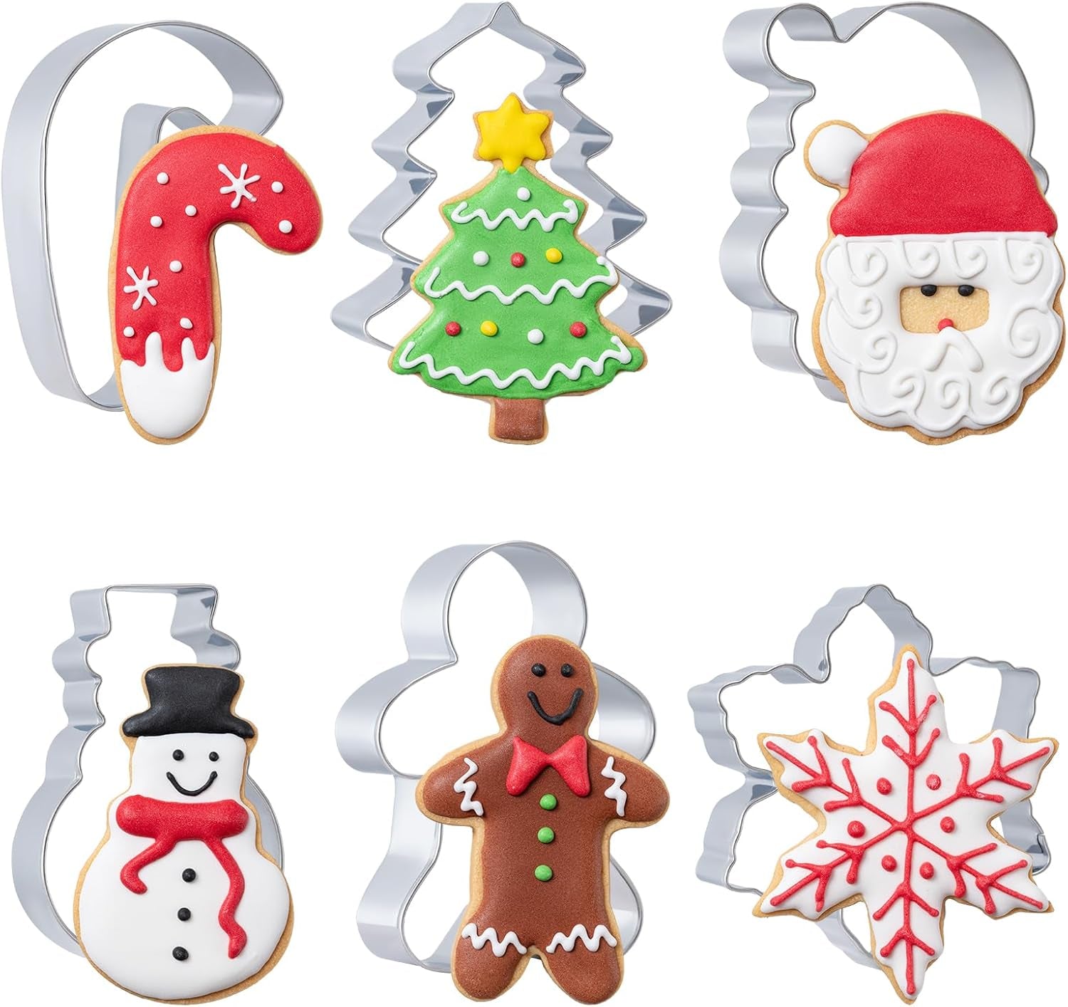 Christmas Cookie Cutters Set 6 Pieces,Stainless Steel Metal Cutter with Christmas Tree, Gingerbread Man, Snowman, Snowflake, Candy Cane, Santa Face Shapes for Holiday