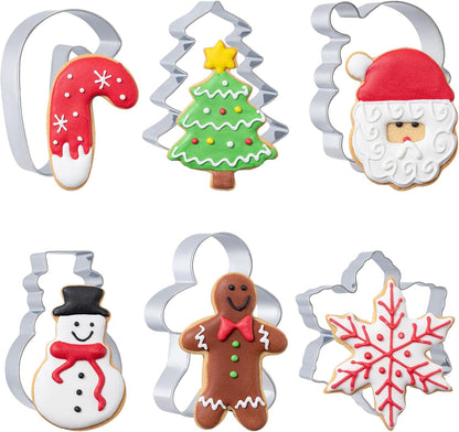Christmas Cookie Cutters Set 6 Pieces,Stainless Steel Metal Cutter with Christmas Tree, Gingerbread Man, Snowman, Snowflake, Candy Cane, Santa Face Shapes for Holiday