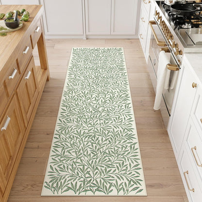 Botanical Boho Green Kitchen Runner, Non Skid, Washable Leaf Carpet for Hallway 8Ft, Non Shedding Modern Rug for Entryway Porch (2'5''X8'')