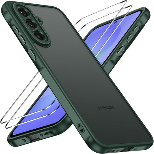 3-In-1 Case for Samsung Galaxy A36 5G 6.7" 2025 with 2 Pack Tempered Glass Screen Protector [Military Grade Protection], Frosted Translucent Back Phone Cover- Green