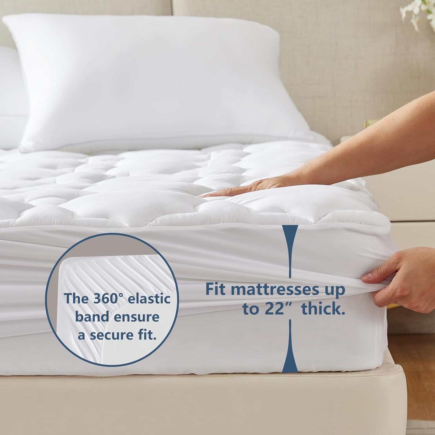 Queen Mattress Pad Cotton Mattress Cover Quilted Fitted Mattress Protector & Pillows Queen Size Set of 2, Hotel Quality Bed Pillows for Sleeping 2 Pack