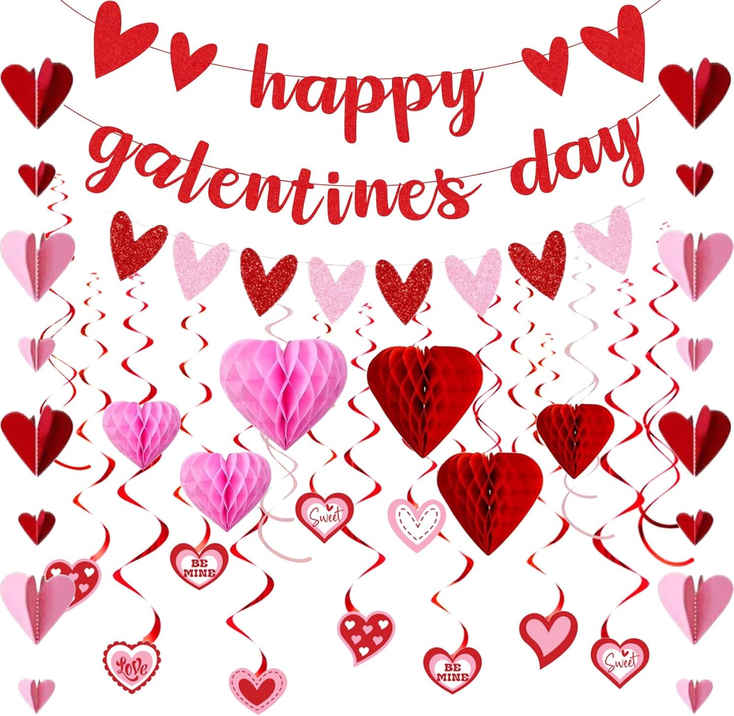 Galentines Day Decorations for Party, Happy Galentine’S Day Heart Banner Garland, Galentines Day Party Supplies with Hanging Streamers Heart Honeycombs Swirls for Girls Ladies Celebration