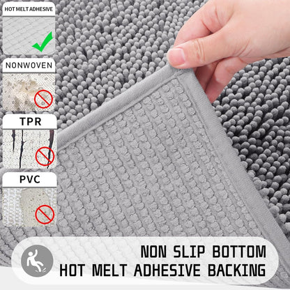 Chenille Bathroom Rugs - 24"X17" Super Luxury Soft & Absorbent Quick Dry - Non Slip Bath Mat for Tub Shower - Machine Washable - Gray