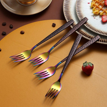 Set of 4 Stainless Steel Dinner Forks with Moon Surface Handle and Rainbow Finish, Dishwasher Safe Silverware