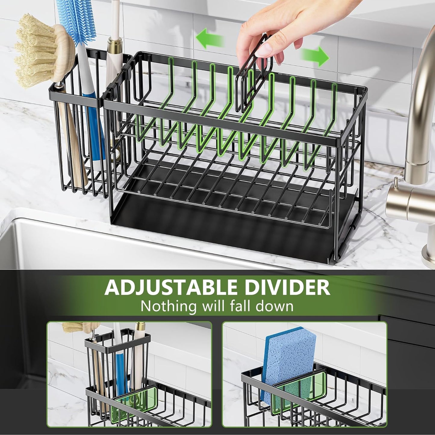 2-Tier Kitchen Sink Caddy Organzier Rack with Flexible Dish Brush Holder, Sponge Holder for Kitchen Sink Countertop Organization Storage,Home Decor Accessories Essentials Stainless Steel