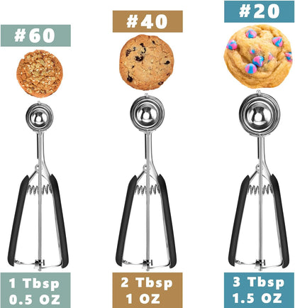 Cookie Scoop Set, Include 1 Tbsp/2 Tbsp/3 Tbsp, Cookie Scoops for Baking Set of 3, 18/8 Stainless Steel, Good Grip, Non-Slip, for Cookies Cupcake Muffin Ice Cream Waffle