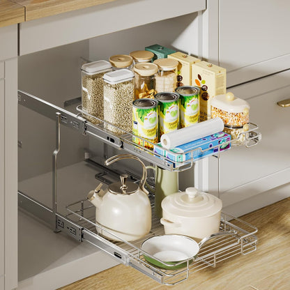 Pull Out Cabinet Organizer, Heavy Duty Cabinet Shelf Organizers, 2 Tier Cabinet Slide Out Shelves for Kitchen, Pantry, Bathroom, 14" W X 21" D