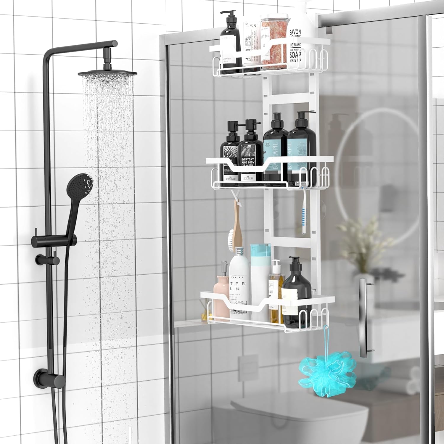 White over the Door Shower Caddy, 4-Tier Black Shower Head Rack Shelves, Home Decor Bathroom Accessories Organization, Shampoo Soap Holder