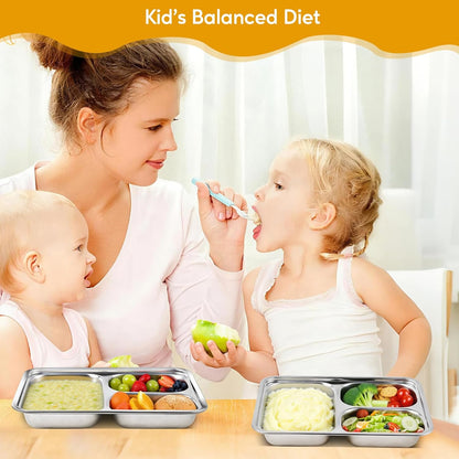 2 Pcs Stainless Steel Kids Plates Set, Toddler Baby Adults Divided Plate, Portion Control Plates for Bariatric & Diabetic Diet, Non Toxic Camping Metal Snack Plate for Eating, Easy to Clean, Silver