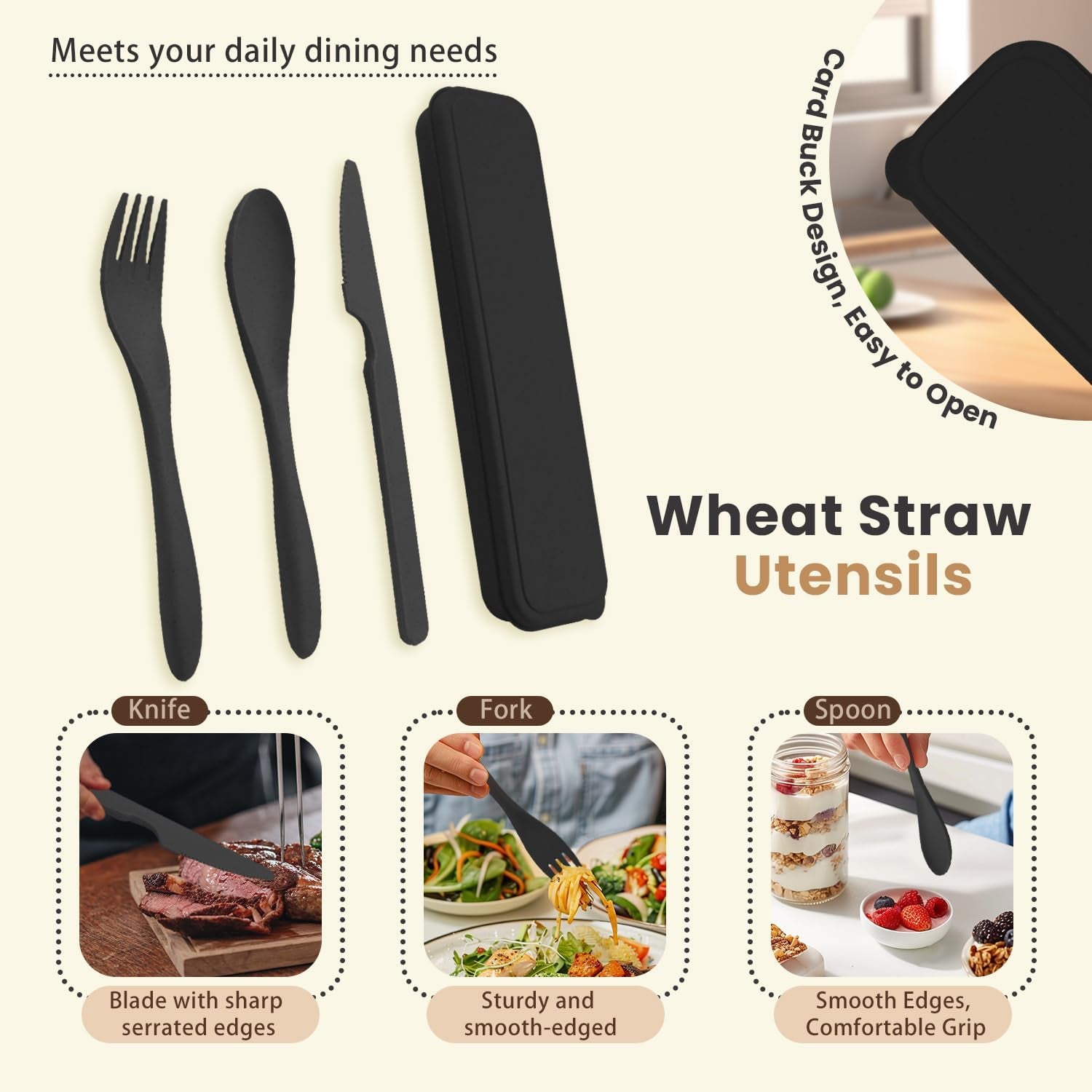 Premium Reusable Travel Utensils Set with Case - 4-Piece Wheat Straw Portable Cutlery for Work, Camping, Picnics, and School (Black)