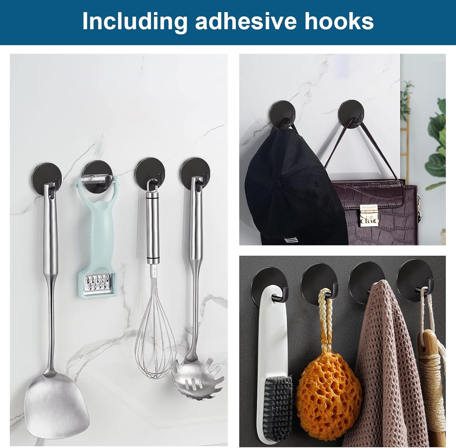 Razor Holder 304 Stainless Steel for Shower + Adhesive Sticky Heavy Duty Waterproof Wall Hooks, Premium for Hanging Towels, Coat, Hat (2+2 Pack) - Black