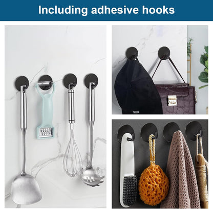 Razor Holder 304 Stainless Steel for Shower + Adhesive Sticky Heavy Duty Waterproof Wall Hooks, Premium for Hanging Towels, Coat, Hat (2+2 Pack) - Black