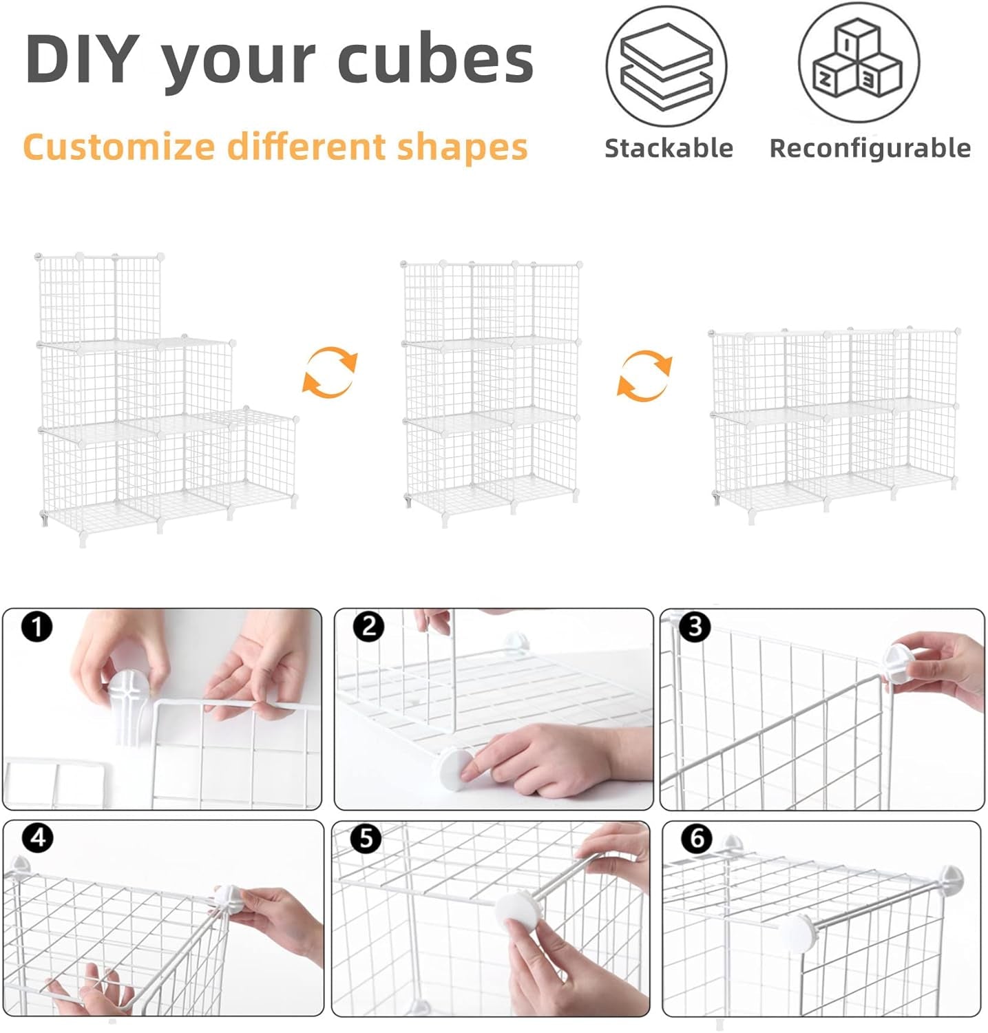 Wire Cube Storage Organizer, Closet Organizers and Storage, Metal 6 Cube Storage Shelves Bookshelf, Portable Closet Clothes Organizer for Bedroom, Home, Office, White