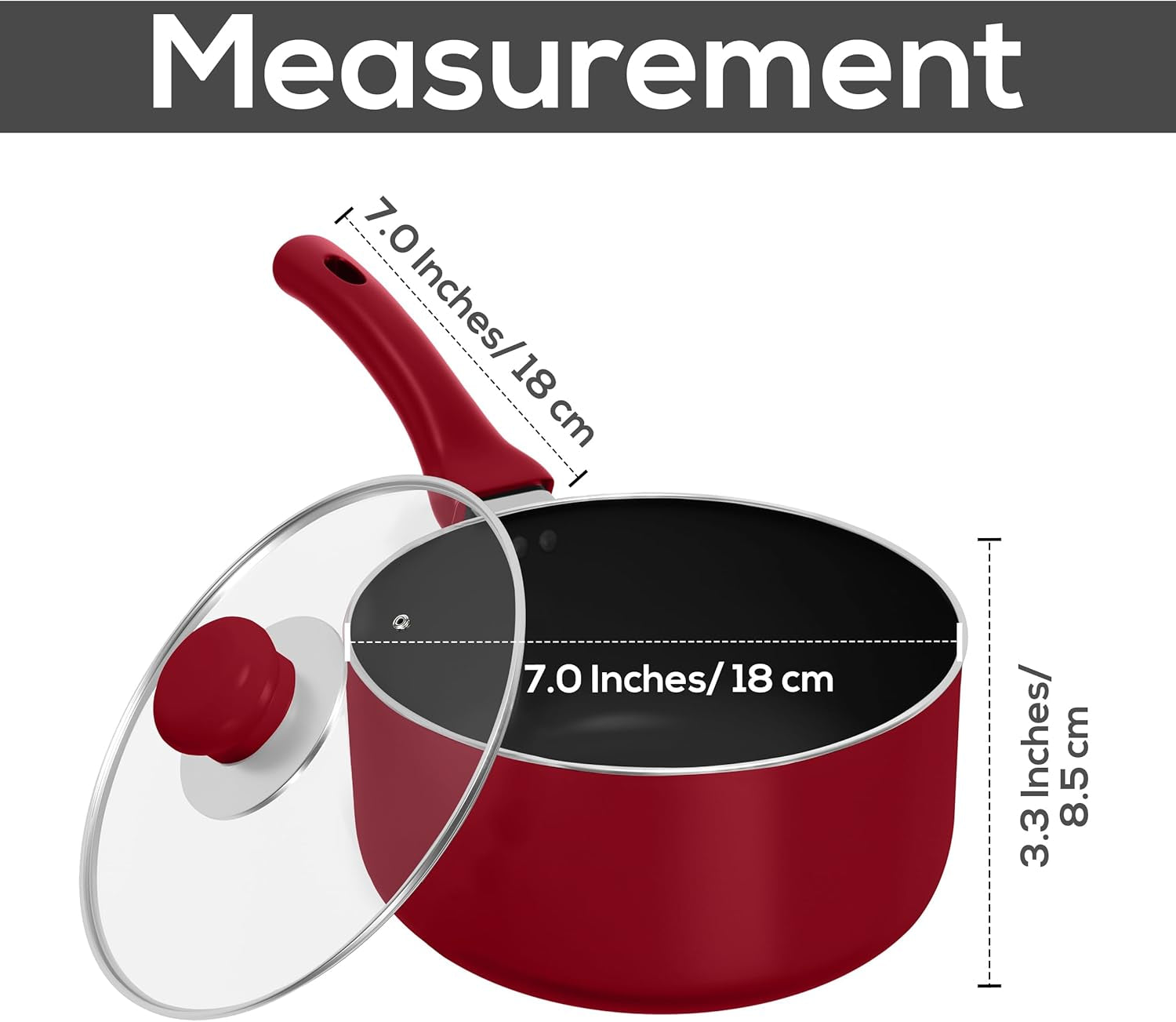 Detachable Handle Nonstick Saucepan with Glass Lid, Multipurpose Use for Home, Kitchen or Restaurant (Red)