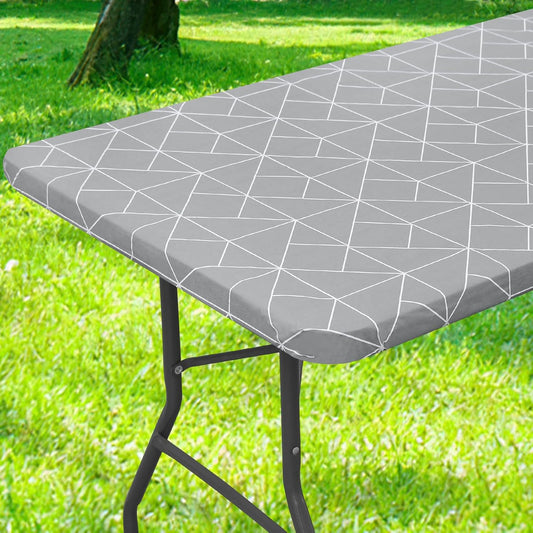 Rectangle Fitted Plastic Table Cloth, Elastic Vinyl Flannel Backed Tablecloth, Waterproof Table Cover Fits 6 Foot Folding Tables for Outdoor Picnic Camping (Light Grey, 30" X 72")