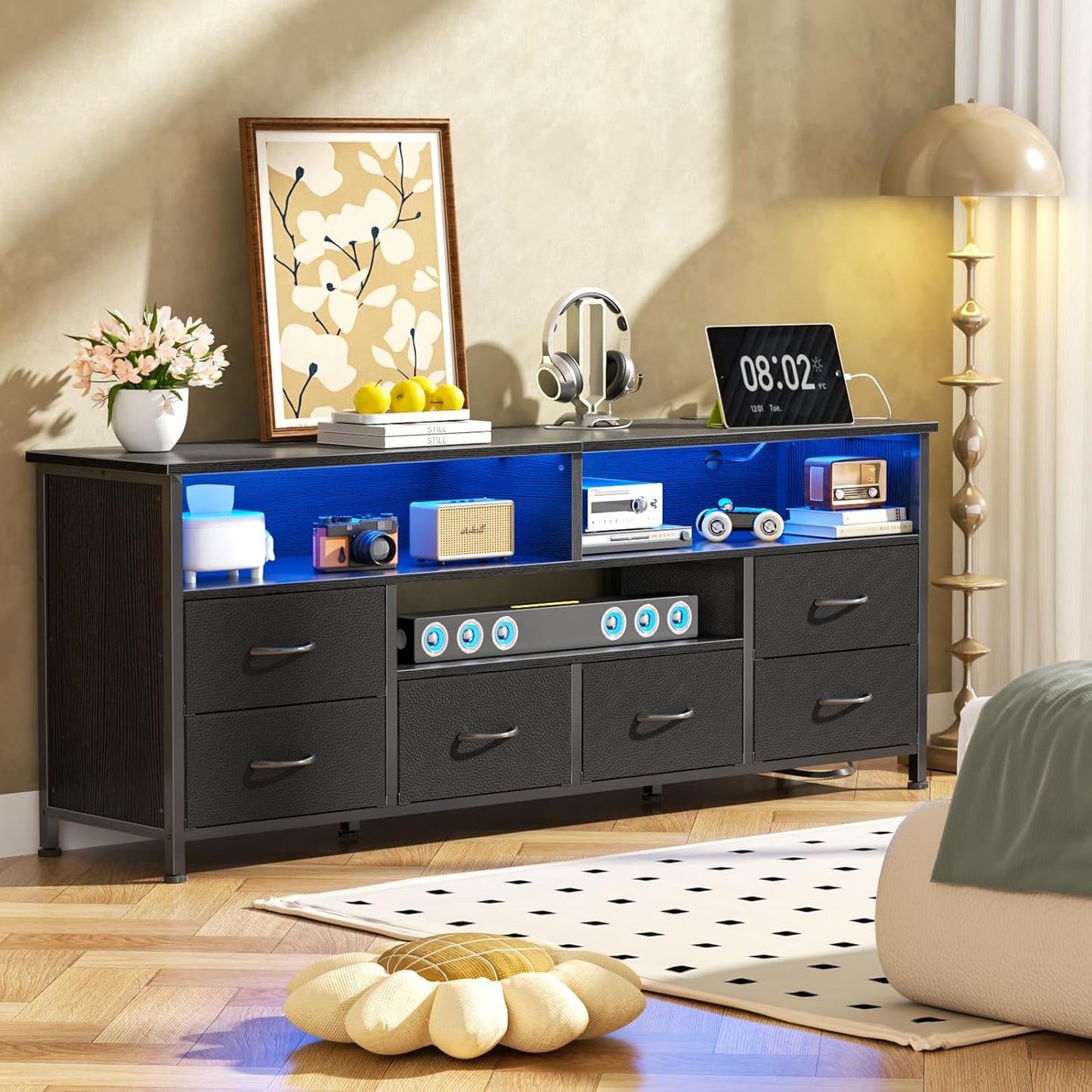 55" LED TV Stand for Bedroom with Power Outlets, Entertainment Center with 6 Fabric Drawers for 50/55/60 Inch Tvs, Dresser TV Stand Long Console Media Table for Living Room, PU Black