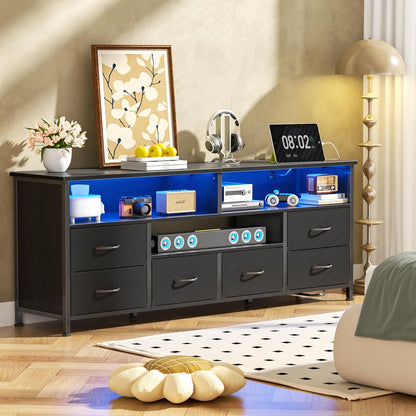 55" LED TV Stand for Bedroom with Power Outlets, Entertainment Center with 6 Fabric Drawers for 50/55/60 Inch Tvs, Dresser TV Stand Long Console Media Table for Living Room, PU Black